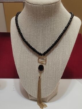 Laundry By Shelli Segal Black Beaded Necklace with Gold Tassel Pendant
